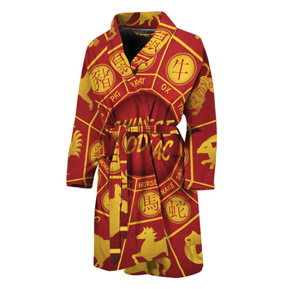 Red And Yellow Chinese Zodiac Print Men's Bathrobe