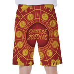 Red And Yellow Chinese Zodiac Print Men's Beach Shorts