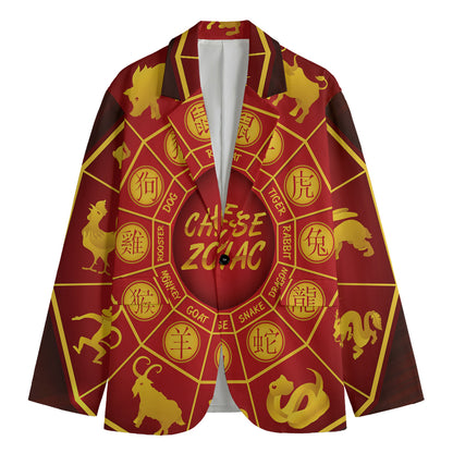 Red And Yellow Chinese Zodiac Print Men's Blazer