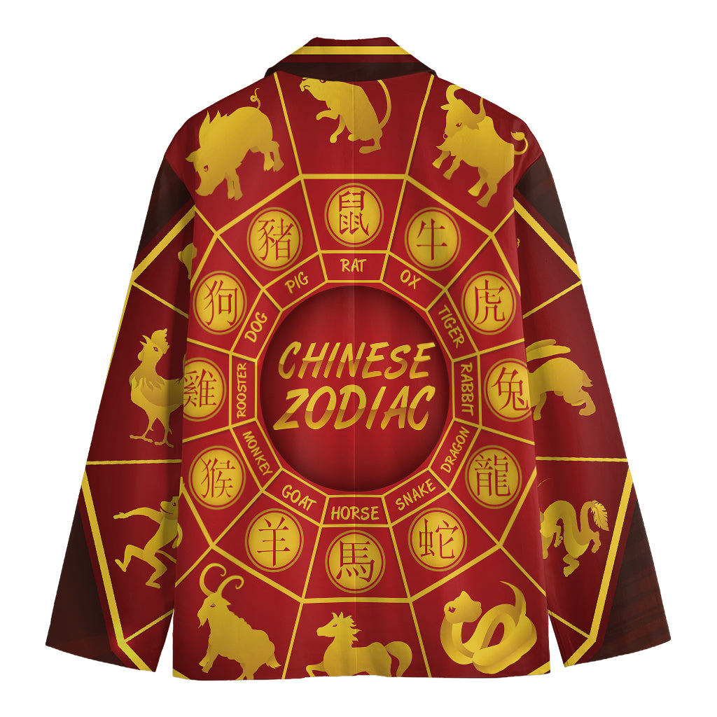Red And Yellow Chinese Zodiac Print Men's Blazer
