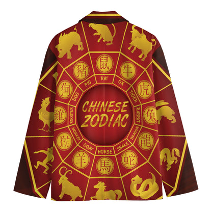 Red And Yellow Chinese Zodiac Print Men's Blazer