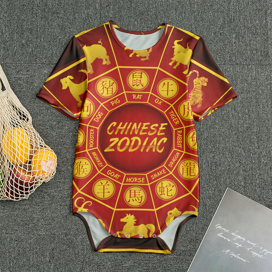 Red And Yellow Chinese Zodiac Print Men's Bodysuit