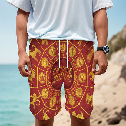 Red And Yellow Chinese Zodiac Print Men's Cargo Shorts
