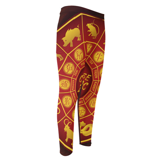 Red And Yellow Chinese Zodiac Print Men's Compression Pants