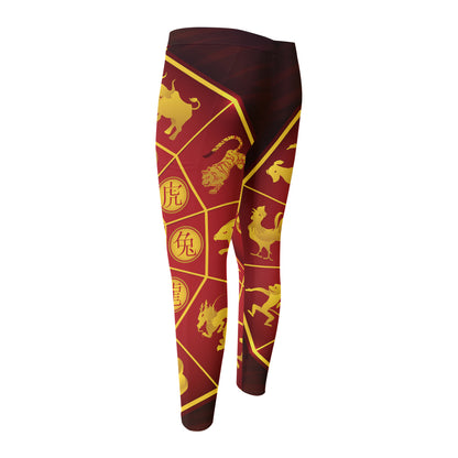 Red And Yellow Chinese Zodiac Print Men's Compression Pants