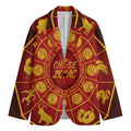 Red And Yellow Chinese Zodiac Print Men's Cotton Blazer