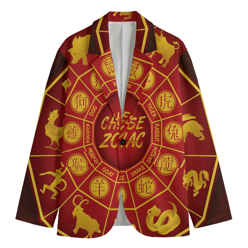 Red And Yellow Chinese Zodiac Print Men's Cotton Blazer