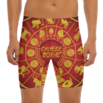 Red And Yellow Chinese Zodiac Print Men's Long Boxer Briefs