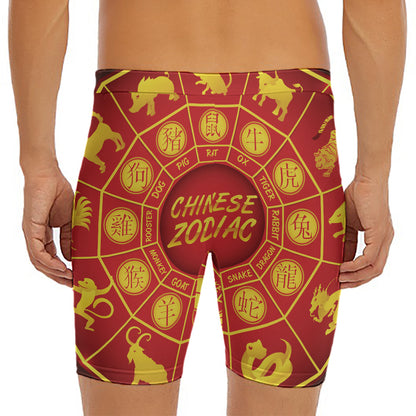 Red And Yellow Chinese Zodiac Print Men's Long Boxer Briefs