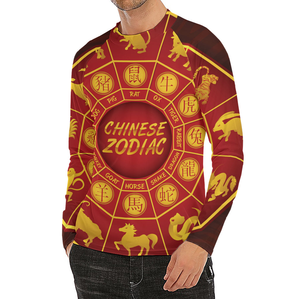 Red And Yellow Chinese Zodiac Print Men's Long Sleeve Rash Guard