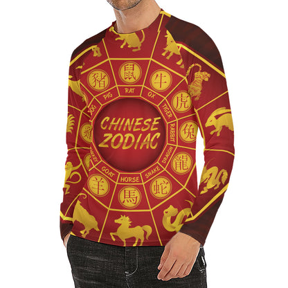 Red And Yellow Chinese Zodiac Print Men's Long Sleeve Rash Guard