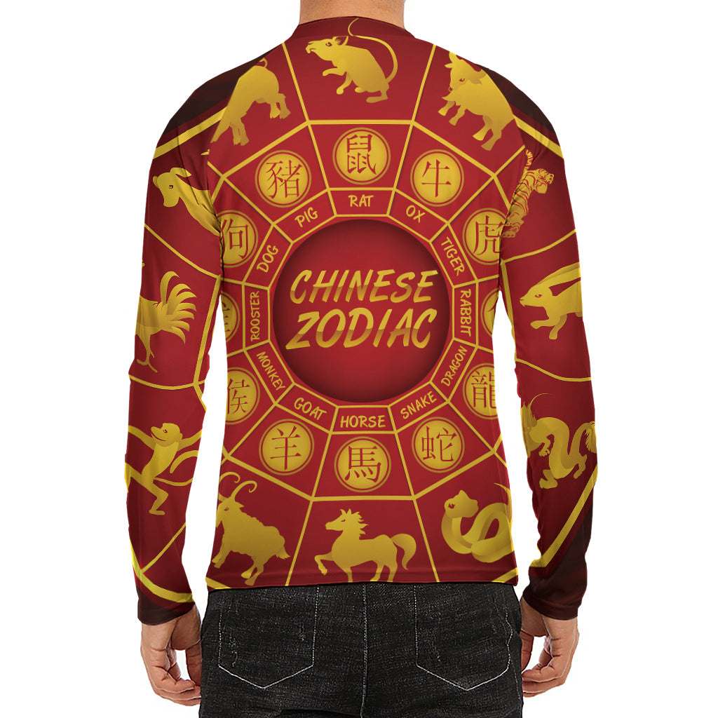 Red And Yellow Chinese Zodiac Print Men's Long Sleeve Rash Guard