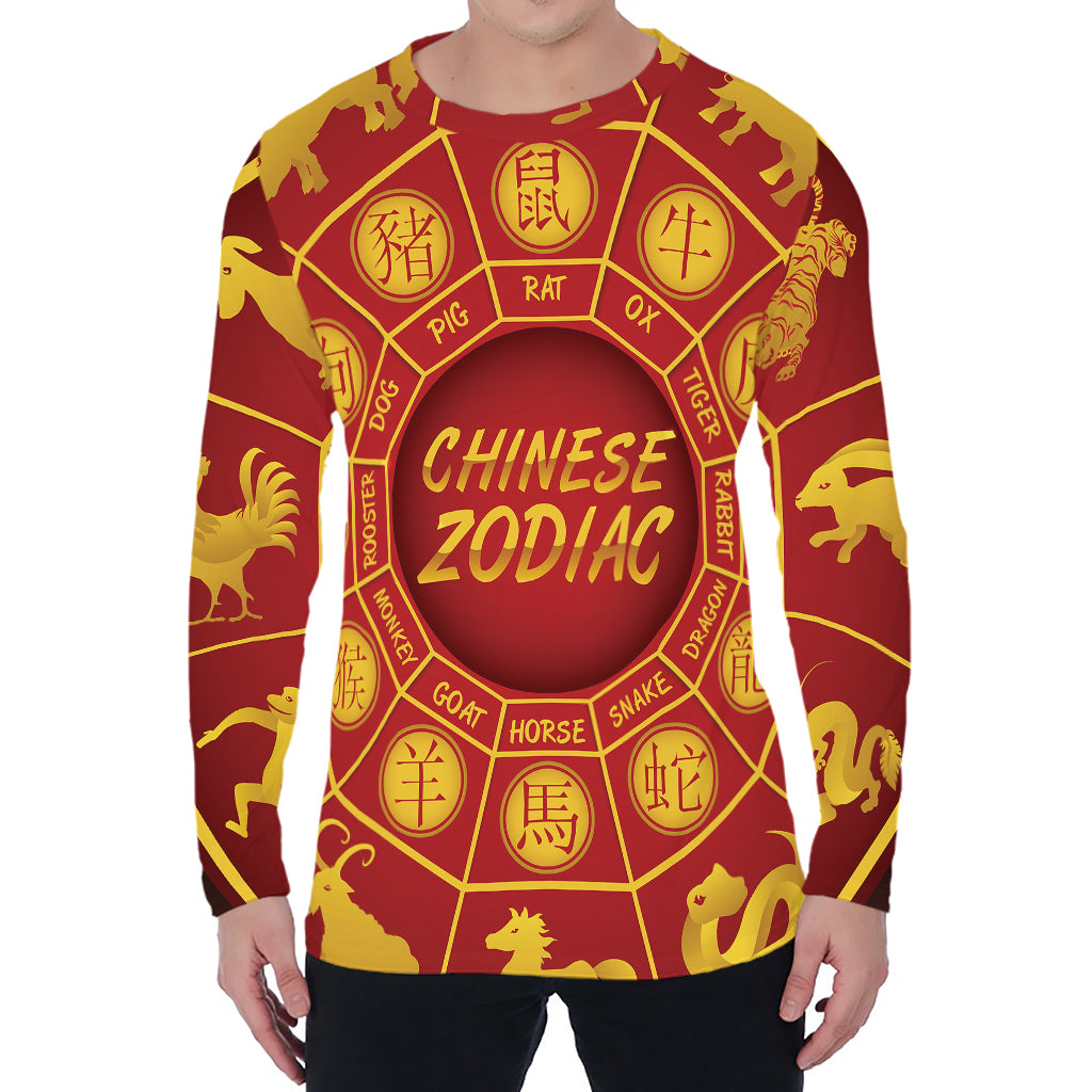 Red And Yellow Chinese Zodiac Print Men's Long Sleeve T-Shirt