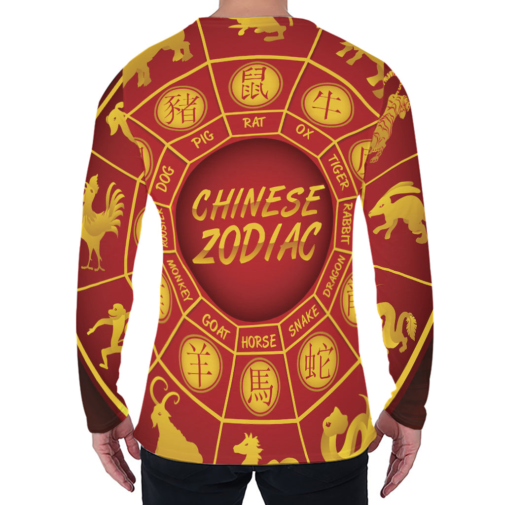 Red And Yellow Chinese Zodiac Print Men's Long Sleeve T-Shirt