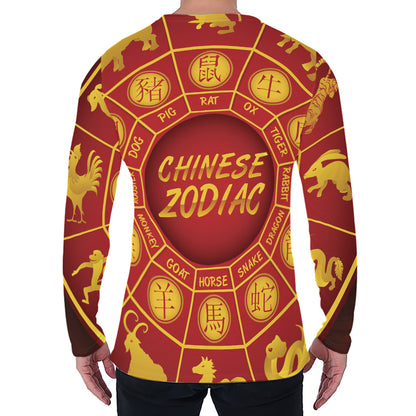 Red And Yellow Chinese Zodiac Print Men's Long Sleeve T-Shirt