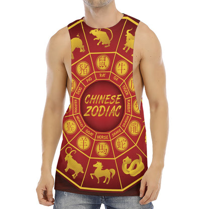 Red And Yellow Chinese Zodiac Print Men's Muscle Tank Top
