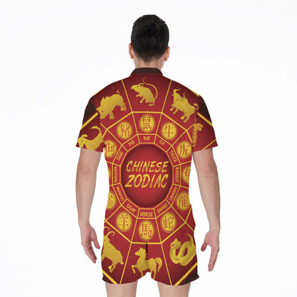 Red And Yellow Chinese Zodiac Print Men's Rompers