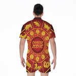 Red And Yellow Chinese Zodiac Print Men's Rompers