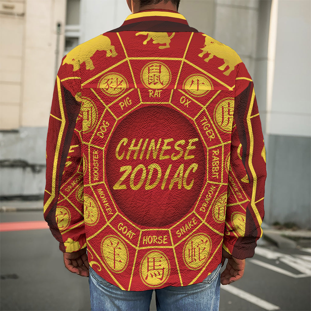 Red And Yellow Chinese Zodiac Print Men's Shirt Jacket