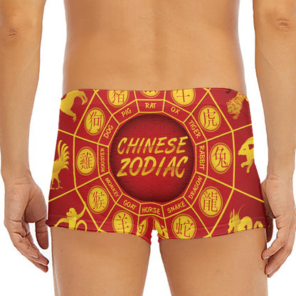 Red And Yellow Chinese Zodiac Print Men's Short Boxer Briefs