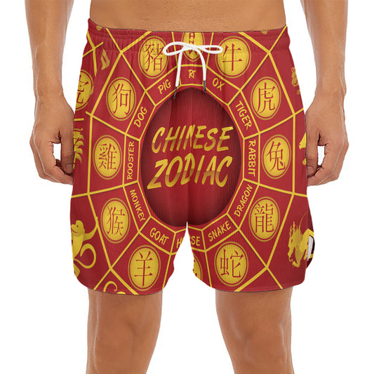 Red And Yellow Chinese Zodiac Print Men's Split Running Shorts