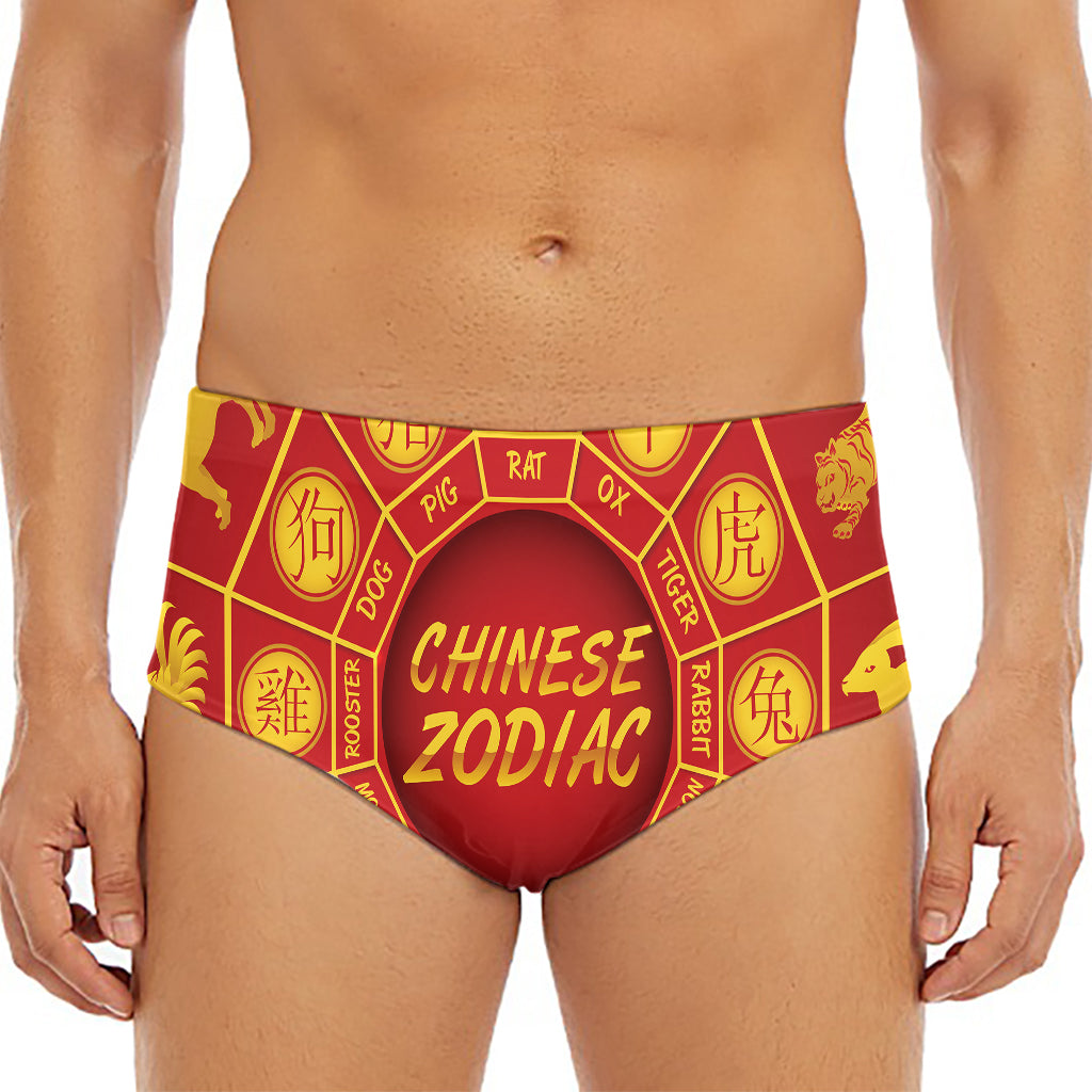 Red And Yellow Chinese Zodiac Print Men's Triangle Swim Briefs