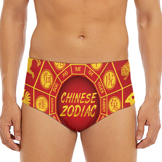 Red And Yellow Chinese Zodiac Print Men's Triangle Swim Briefs