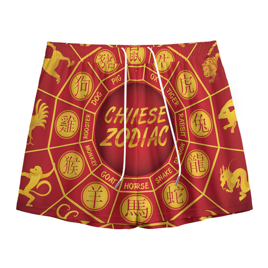 Red And Yellow Chinese Zodiac Print Mesh Shorts