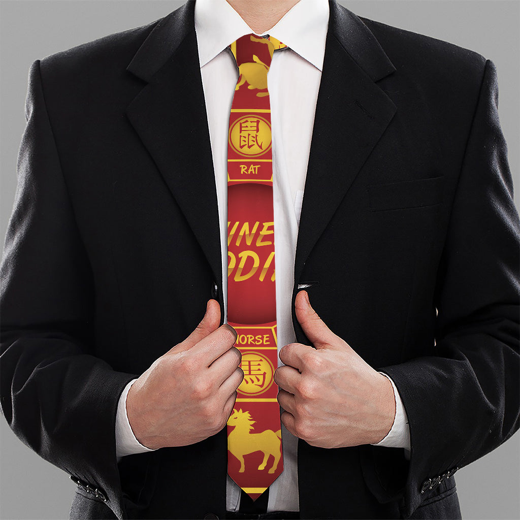 Red And Yellow Chinese Zodiac Print Necktie