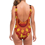 Red And Yellow Chinese Zodiac Print One Piece Swimsuit