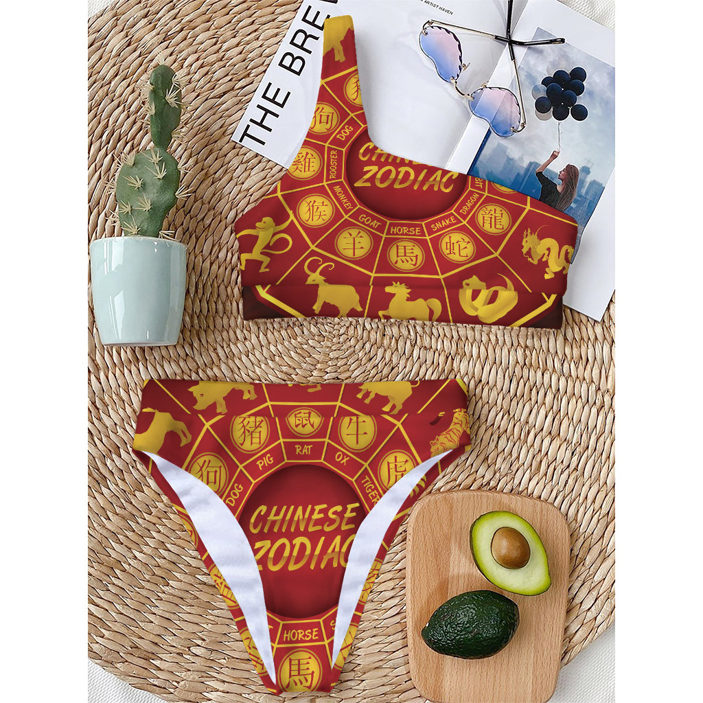 Red And Yellow Chinese Zodiac Print One Shoulder Bikini Top