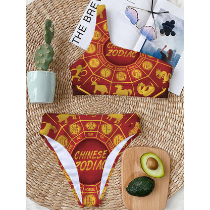 Red And Yellow Chinese Zodiac Print One Shoulder Bikini Top