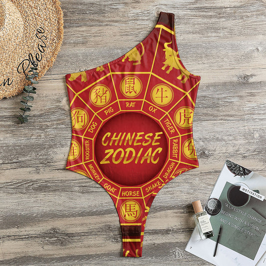 Red And Yellow Chinese Zodiac Print One Shoulder Bodysuit