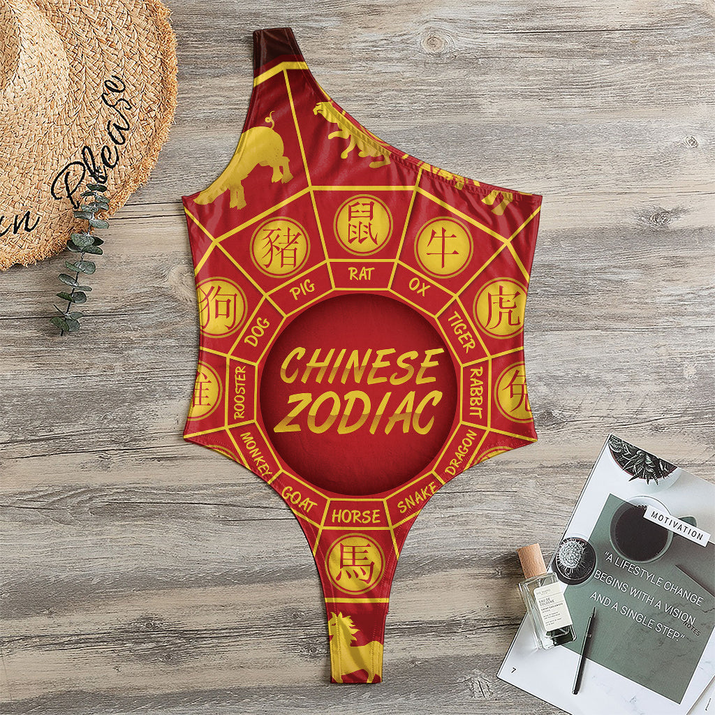 Red And Yellow Chinese Zodiac Print One Shoulder Bodysuit
