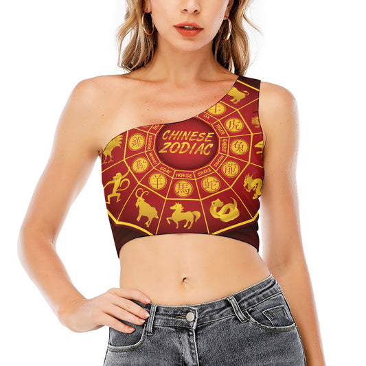 Red And Yellow Chinese Zodiac Print One Shoulder Crop Top