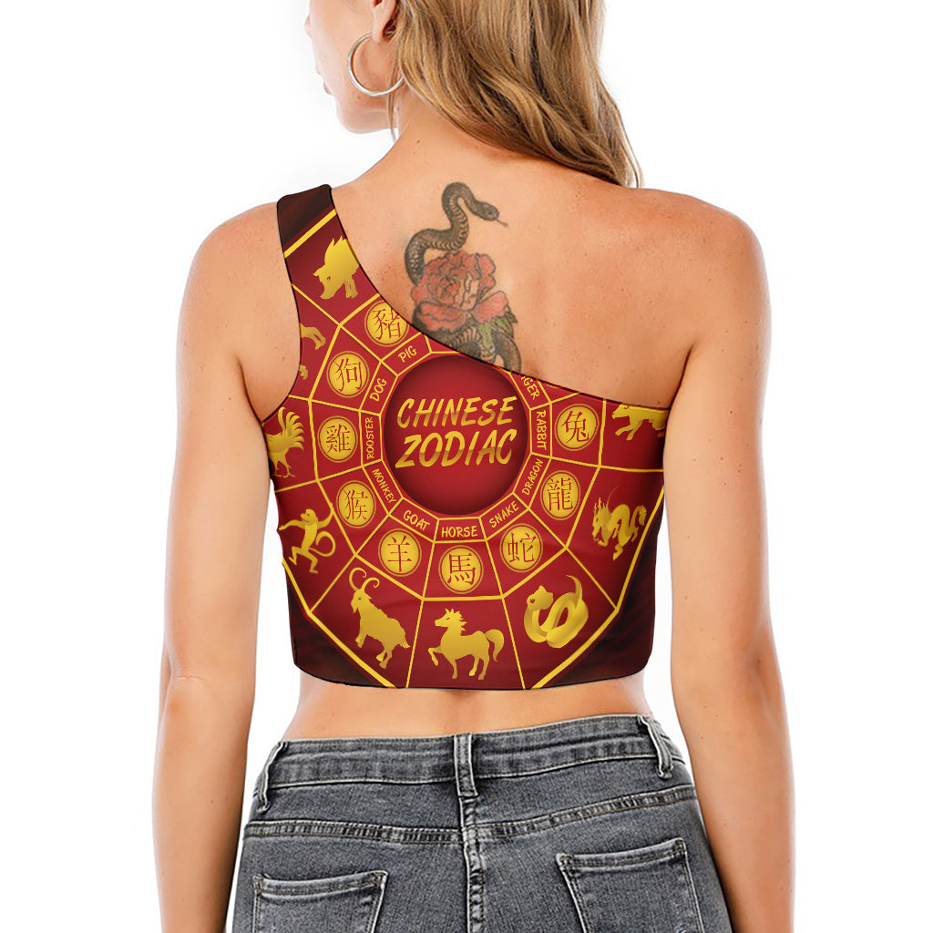 Red And Yellow Chinese Zodiac Print One Shoulder Crop Top