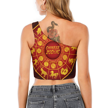 Red And Yellow Chinese Zodiac Print One Shoulder Crop Top