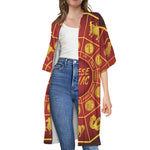 Red And Yellow Chinese Zodiac Print Open Front Beach Cover Up