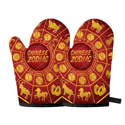Red And Yellow Chinese Zodiac Print Oven Mitts