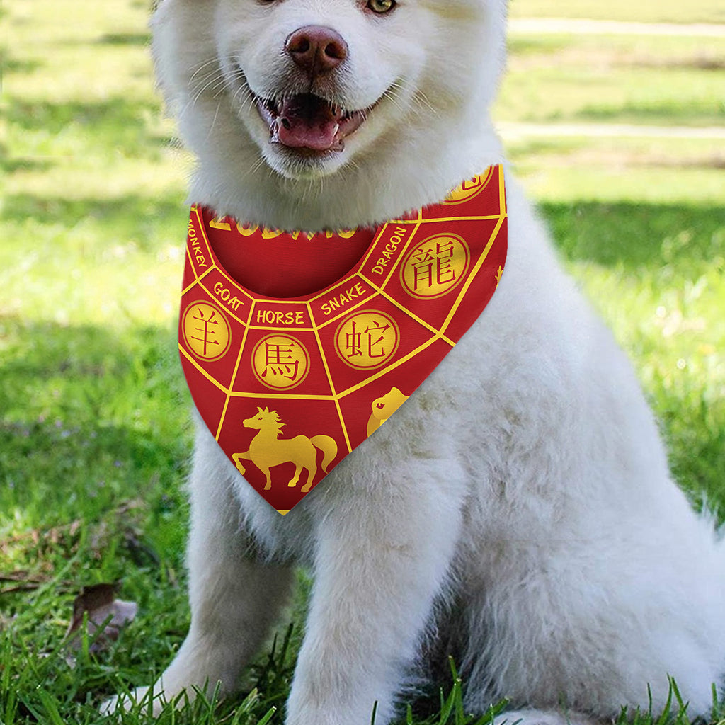 Red And Yellow Chinese Zodiac Print Over The Collar Dog Bandana