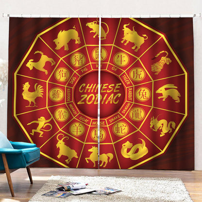 Red And Yellow Chinese Zodiac Print Pencil Pleat Curtains