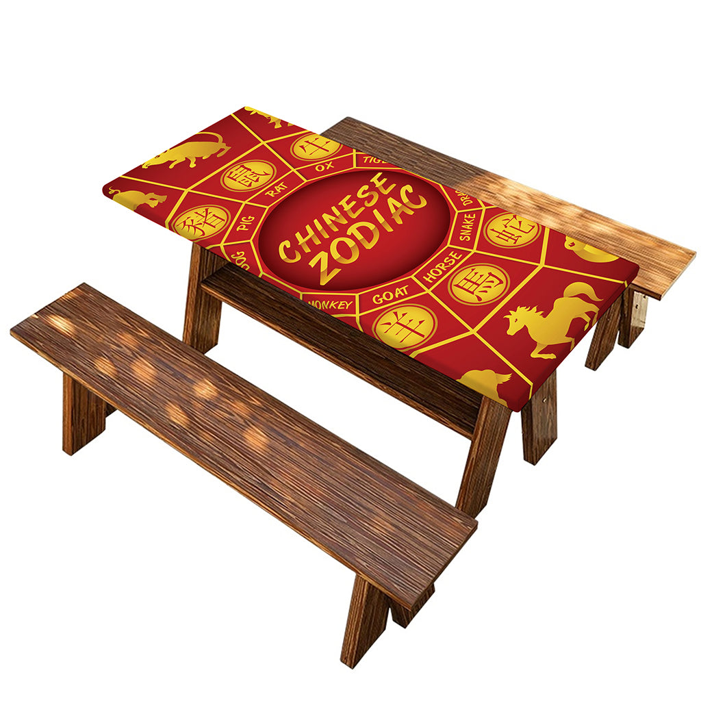 Red And Yellow Chinese Zodiac Print Picnic Table Cover