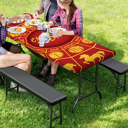 Red And Yellow Chinese Zodiac Print Picnic Table Cover