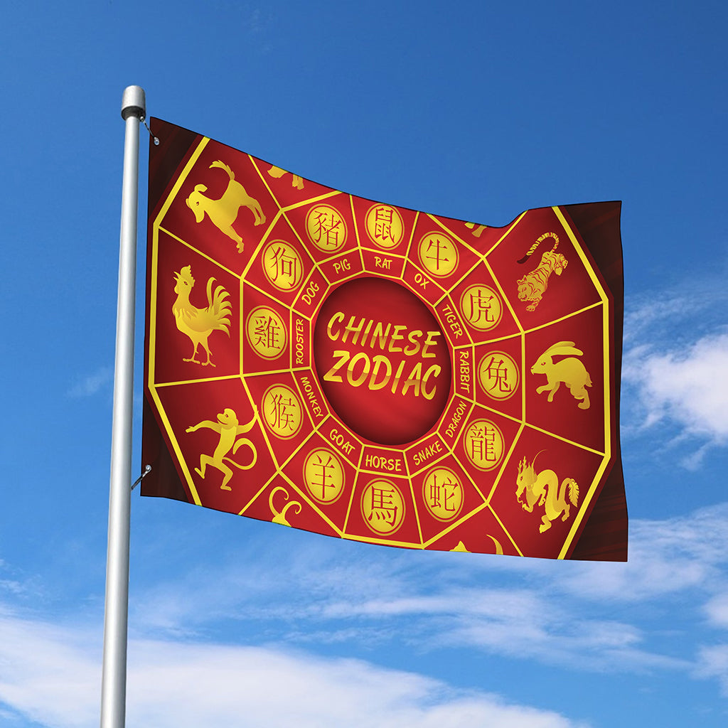 Red And Yellow Chinese Zodiac Print Polyester Flag