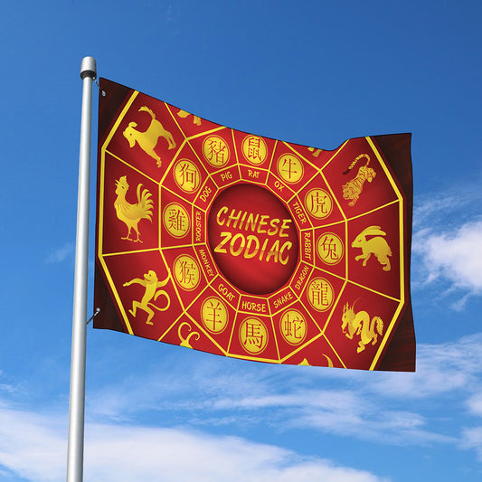 Red And Yellow Chinese Zodiac Print Polyester Flag