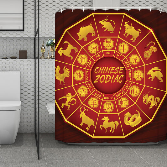 Red And Yellow Chinese Zodiac Print Polyester Shower Curtain