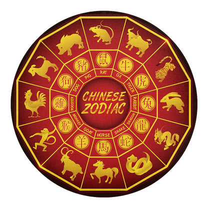 Red And Yellow Chinese Zodiac Print Round Blanket