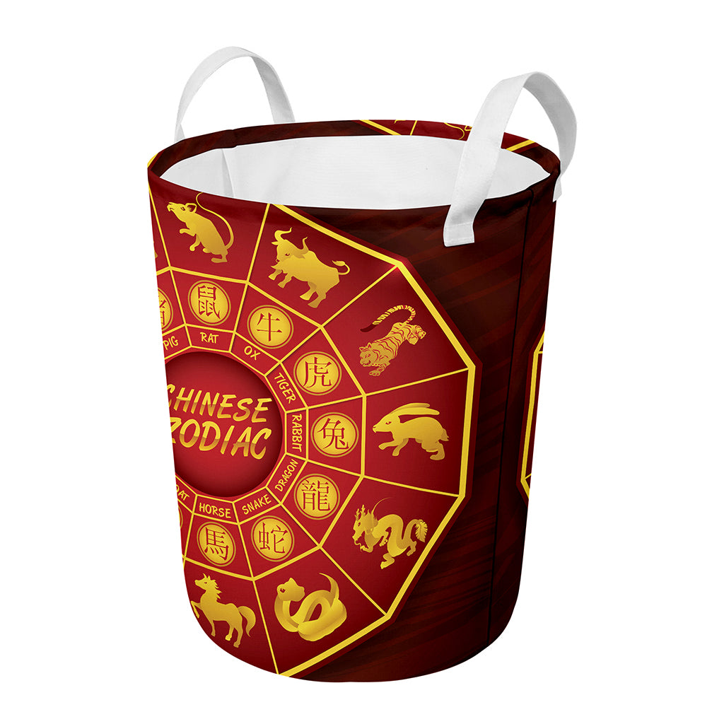 Red And Yellow Chinese Zodiac Print Round Laundry Basket