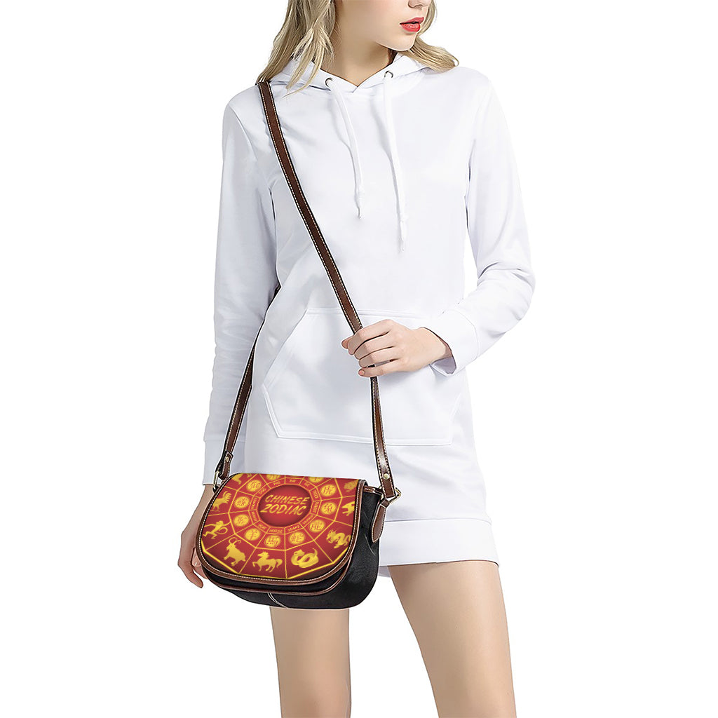 Red And Yellow Chinese Zodiac Print Saddle Bag