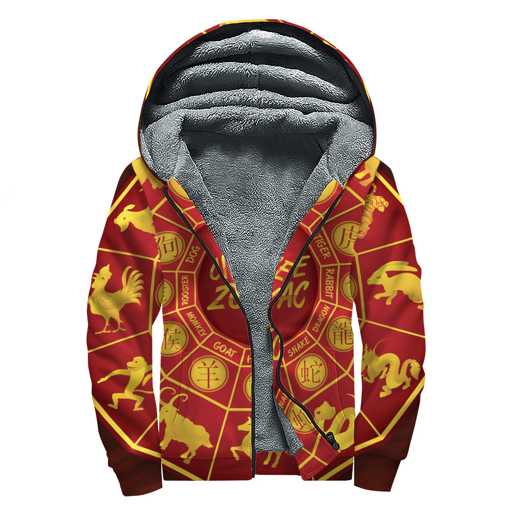 Red And Yellow Chinese Zodiac Print Sherpa Lined Zip Up Hoodie